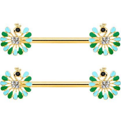14G 5/8 Clear Gem Gold Hue Pretty Peacock Barbell Nipple Ring Set