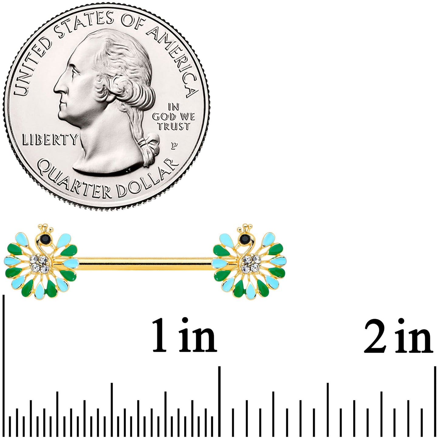 14G 5/8 Clear Gem Gold Hue Pretty Peacock Barbell Nipple Ring Set