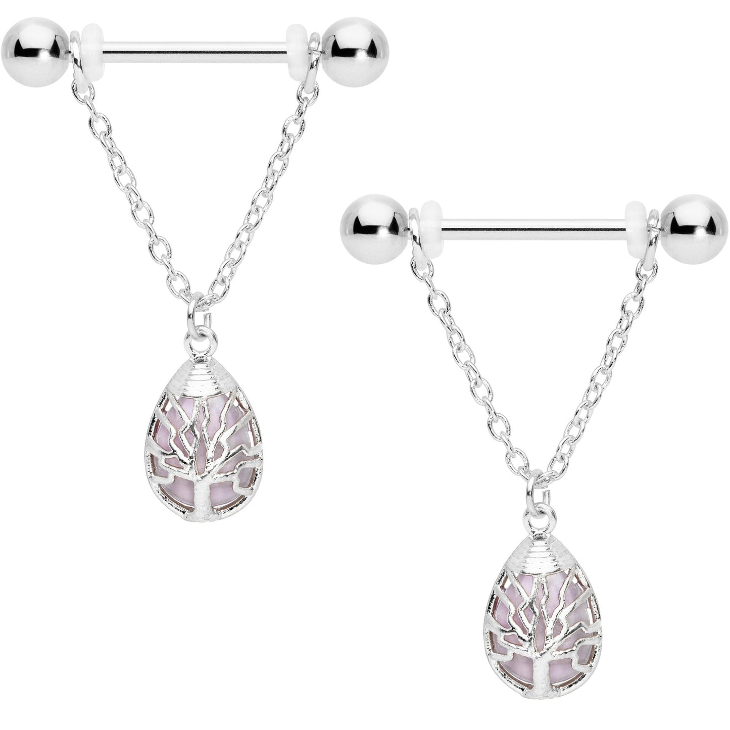 14G 9/16 Pink Rose Quartz Drop Tree Chain Dangle Nipple Ring Set