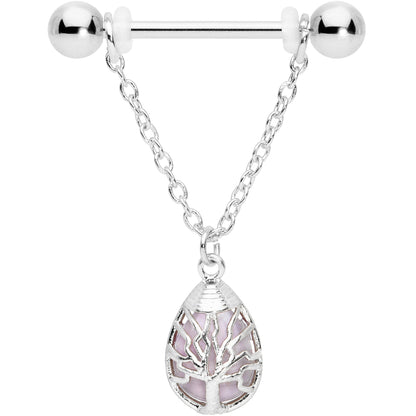 14G 9/16 Pink Rose Quartz Drop Tree Chain Dangle Nipple Ring Set