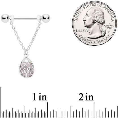 14G 9/16 Pink Rose Quartz Drop Tree Chain Dangle Nipple Ring Set