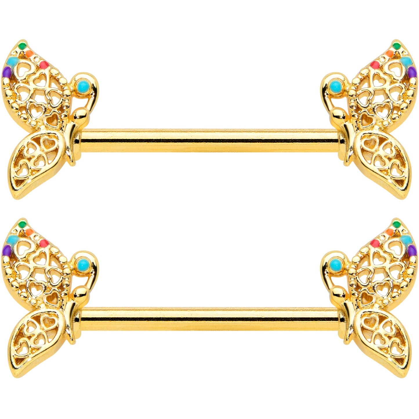 14G 9/16 Clear CZ Gem Gold Tone Heart Butterfly Nipple Ring Set