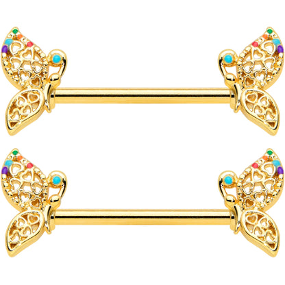 14G 9/16 Clear CZ Gem Gold Tone Heart Butterfly Nipple Ring Set