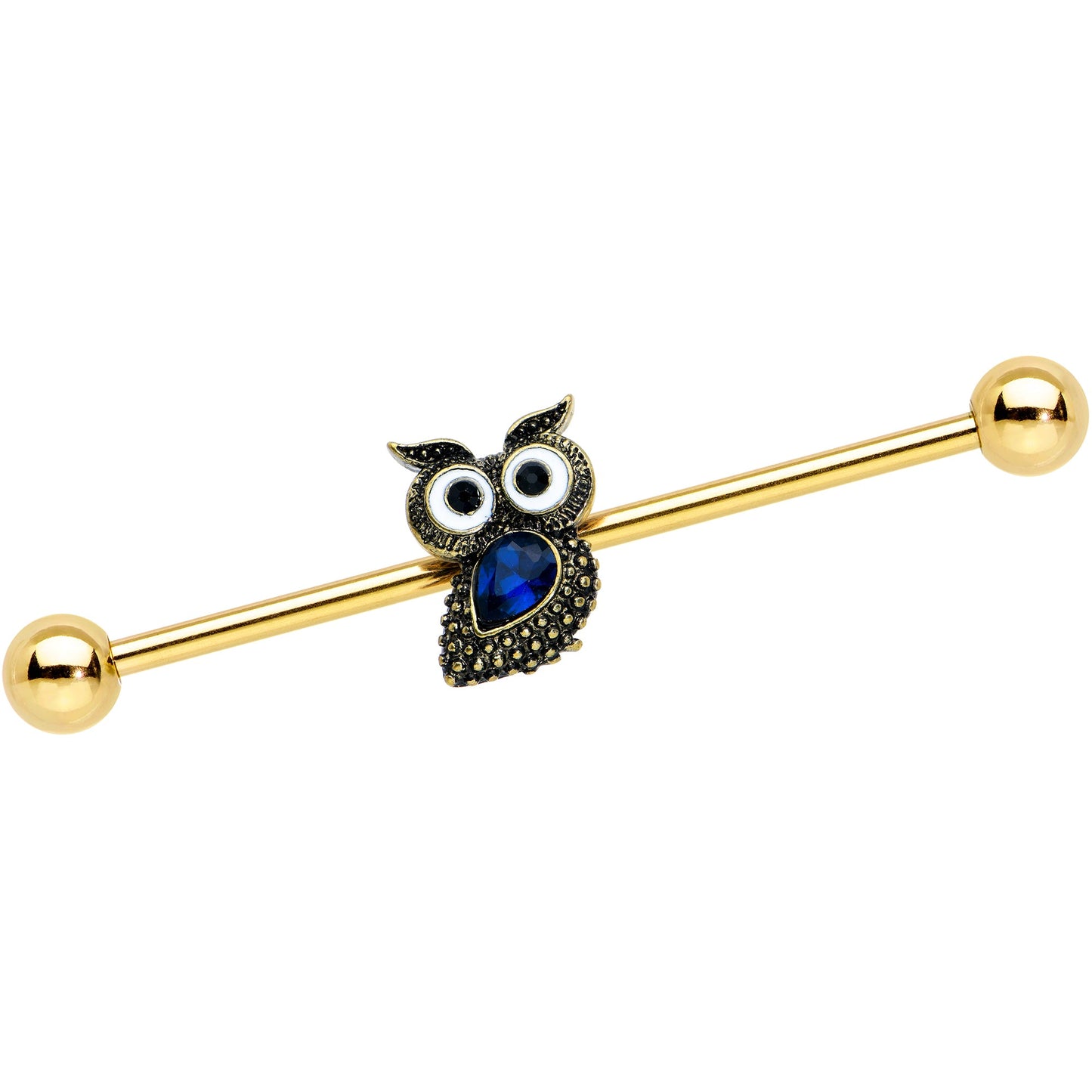 14G Blue Gem Gold Tone Wide Eyed Owl Industrial Barbell 38mm