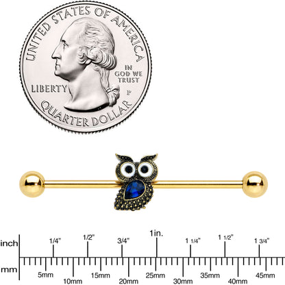 14G Blue Gem Gold Tone Wide Eyed Owl Industrial Barbell 38mm