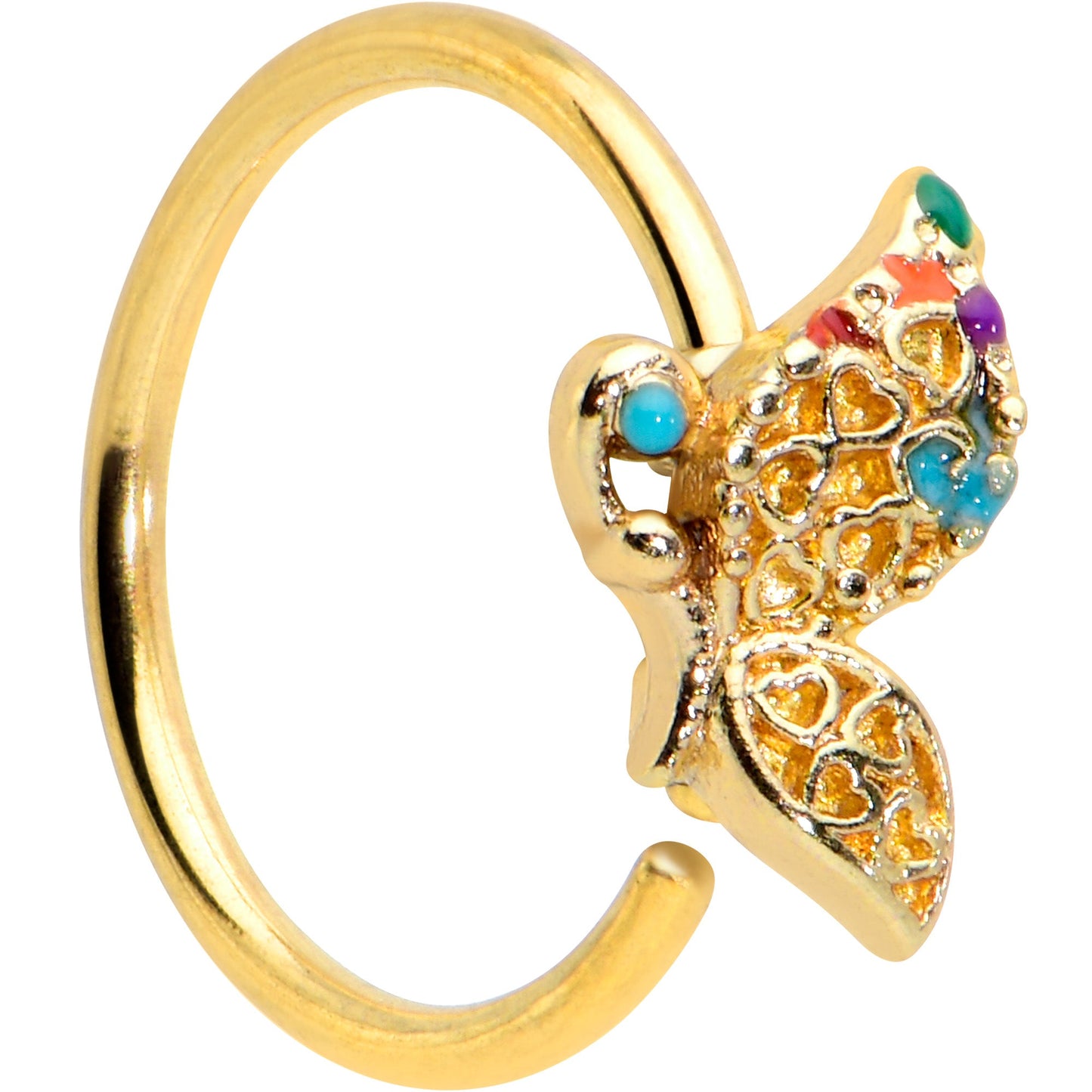 20G 5/16 Gold Tone Colorful Hearts Butterfly Nose Hoop