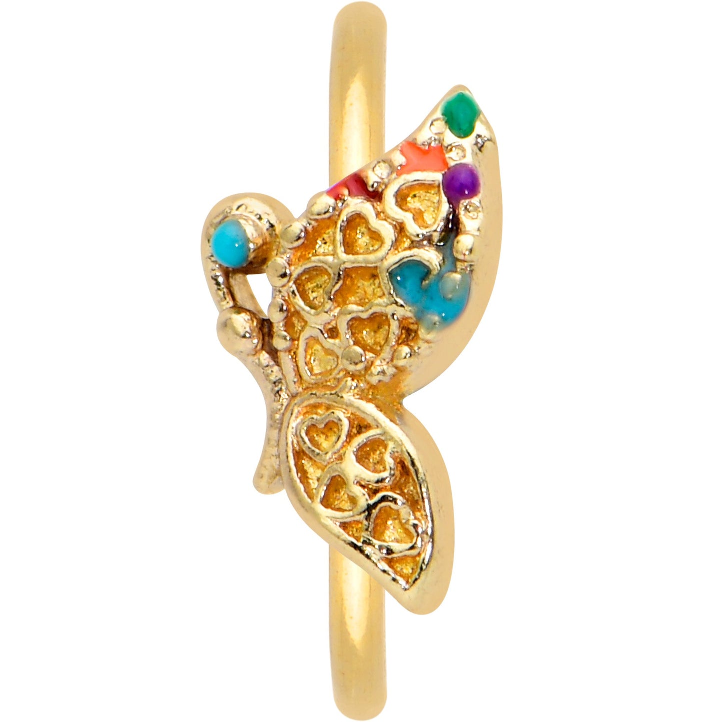 20G 5/16 Gold Tone Colorful Hearts Butterfly Nose Hoop