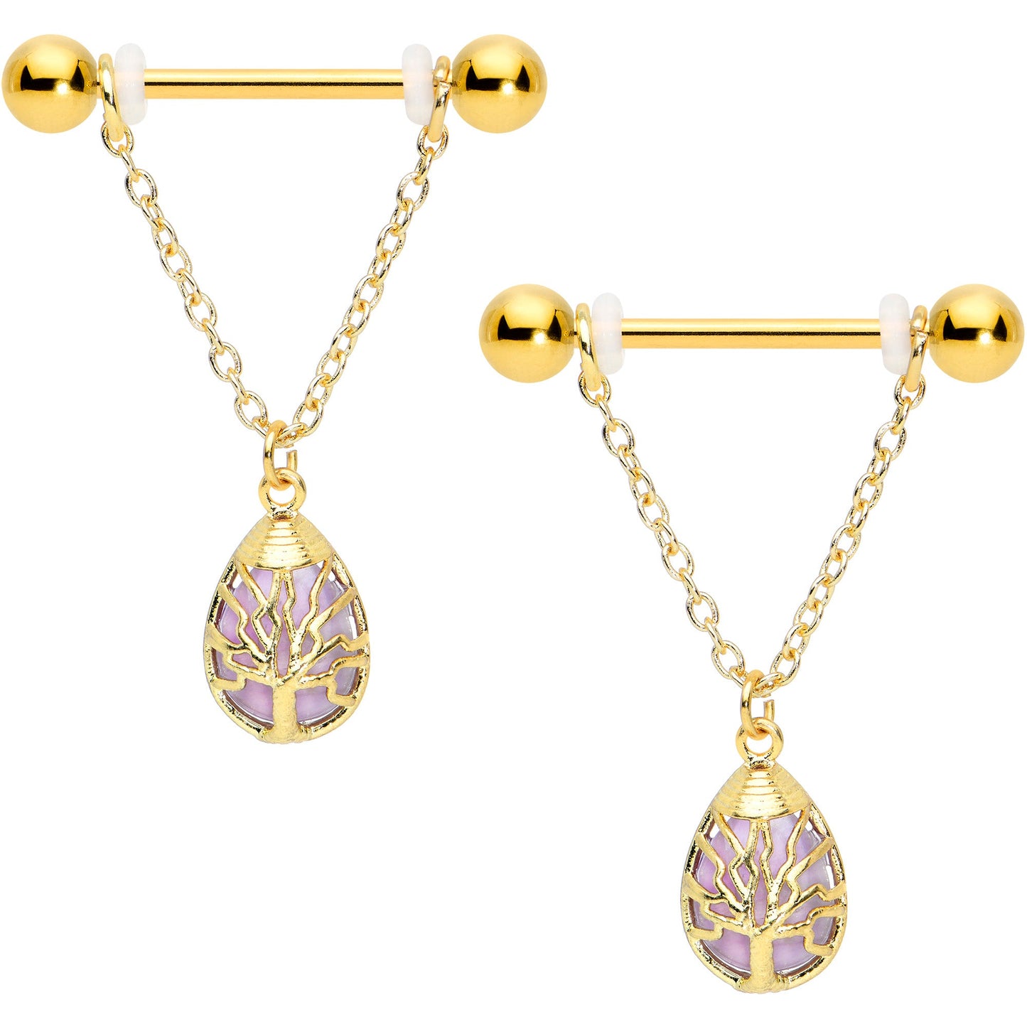 14G 9/16 Amethyst Gold Tone Drop Tree Chain Dangle Nipple Set