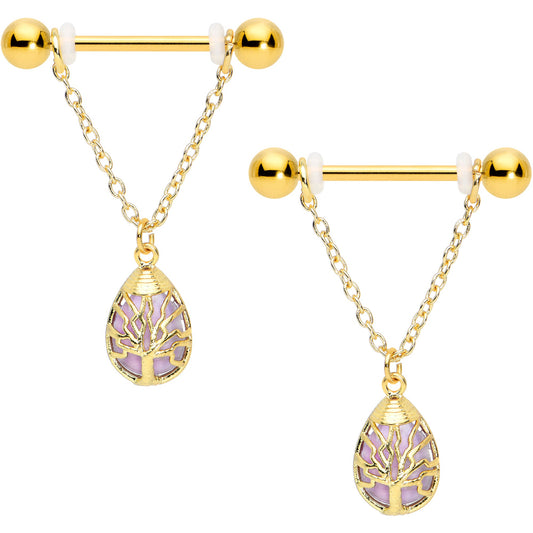 14G 9/16 Amethyst Gold Tone Drop Tree Chain Dangle Nipple Set