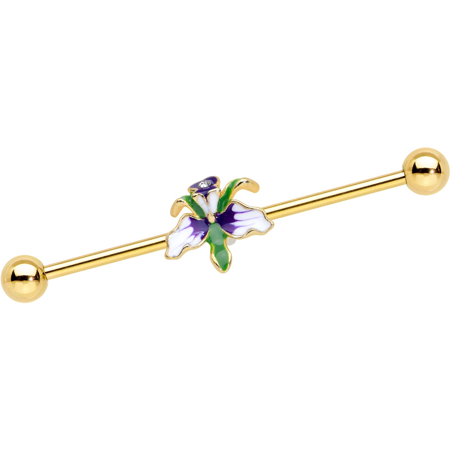 14G Clear Gem Gold Tone Iris Flower Industrial Barbell 38mm