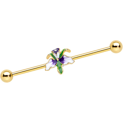14G Clear Gem Gold Tone Iris Flower Industrial Barbell 38mm