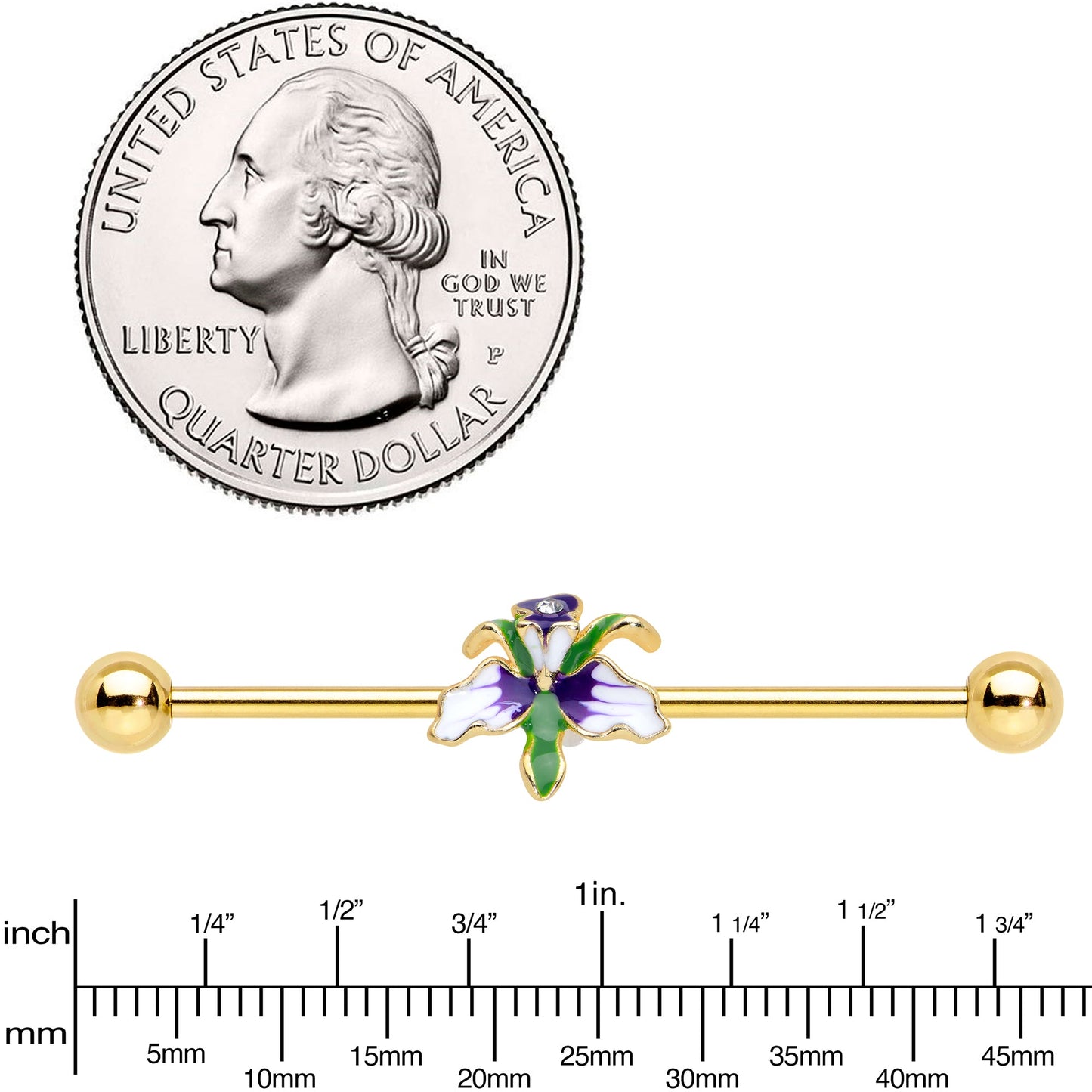 14G Clear Gem Gold Tone Iris Flower Industrial Barbell 38mm