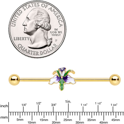 14G Clear Gem Gold Tone Iris Flower Industrial Barbell 38mm