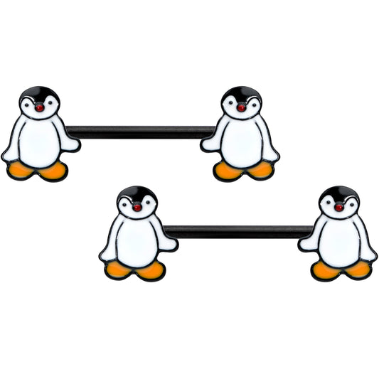 14G 9/16 Black Baby Penguin Barbell Nipple Ring Set