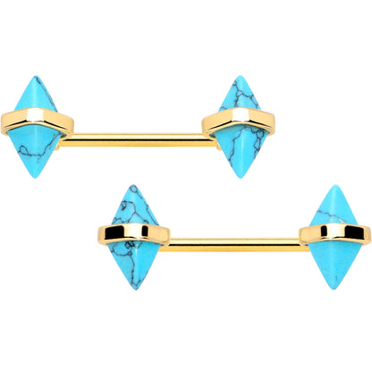 14G 9/16 Blue Turquoise Gold Tone Rhombus Barbell Nipple Ring Set