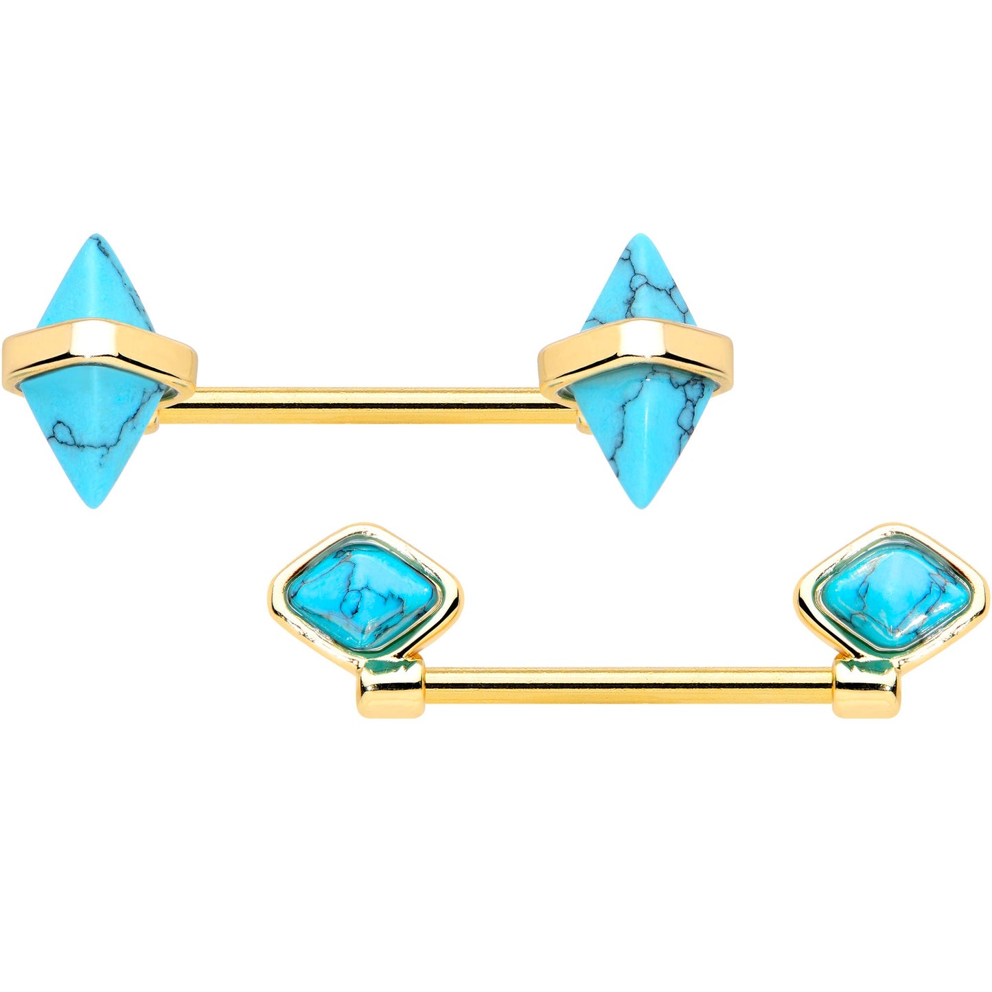 14G 9/16 Blue Turquoise Gold Tone Rhombus Barbell Nipple Ring Set