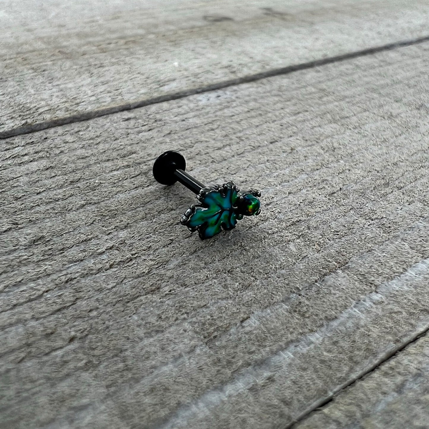 16G 5/16 Green Synthetic Opal Black Fall Leaf Labret Monroe Tragus