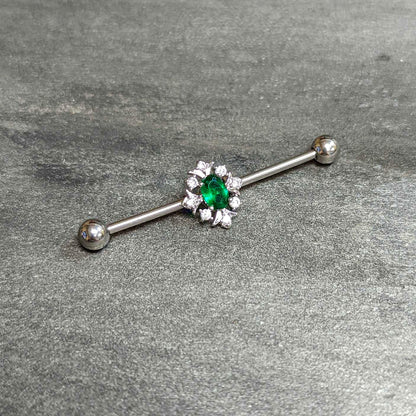 14G Clear Green Gem Ornate Art Deco Industrial Barbell 38mm