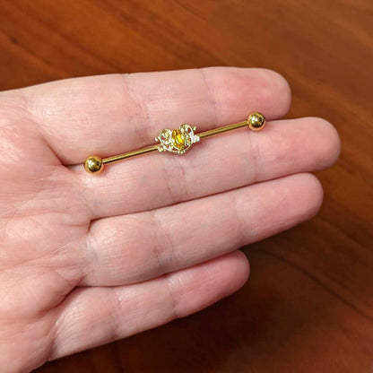 14G Yellow Gem Gold Tone Duet Scroll Industrial Barbell 38mm
