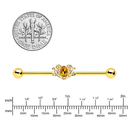 14G Yellow Gem Gold Tone Duet Scroll Industrial Barbell 38mm