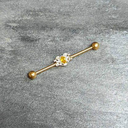 14G Yellow Gem Gold Tone Duet Scroll Industrial Barbell 38mm