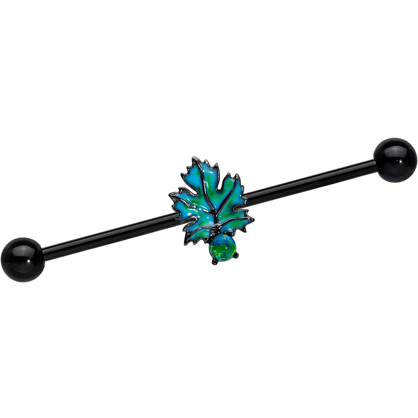 14G Green Synthetic Opal Black Fall Leaf Industrial Barbell 38mm