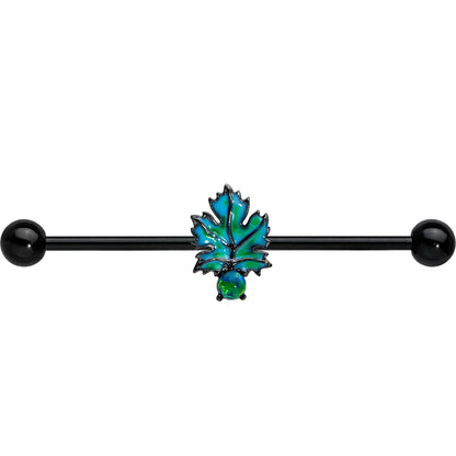 14G Green Synthetic Opal Black Fall Leaf Industrial Barbell 38mm