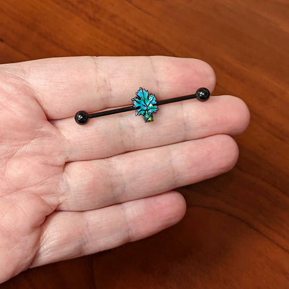14G Green Synthetic Opal Black Fall Leaf Industrial Barbell 38mm
