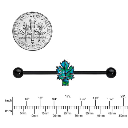 14G Green Synthetic Opal Black Fall Leaf Industrial Barbell 38mm