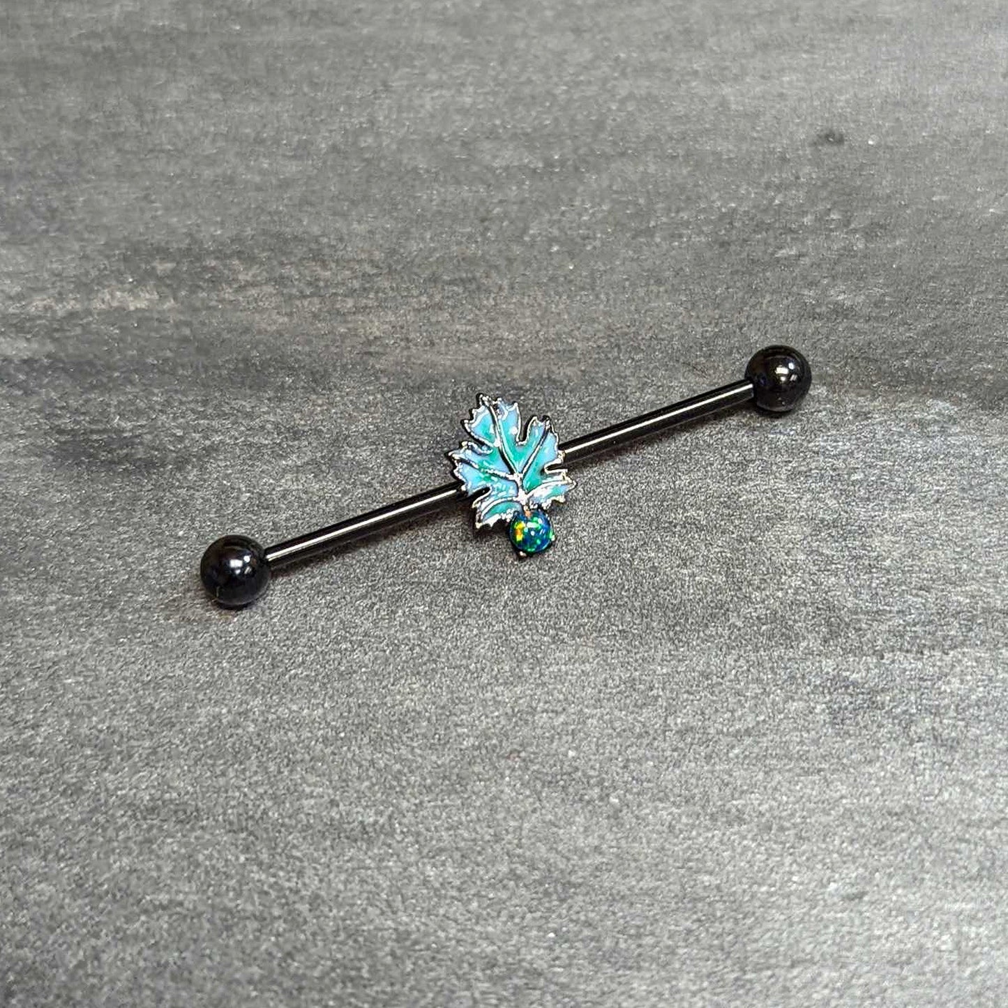 14G Green Synthetic Opal Black Fall Leaf Industrial Barbell 38mm