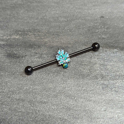 14G Green Synthetic Opal Black Fall Leaf Industrial Barbell 38mm