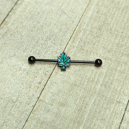 14G Green Synthetic Opal Black Fall Leaf Industrial Barbell 38mm