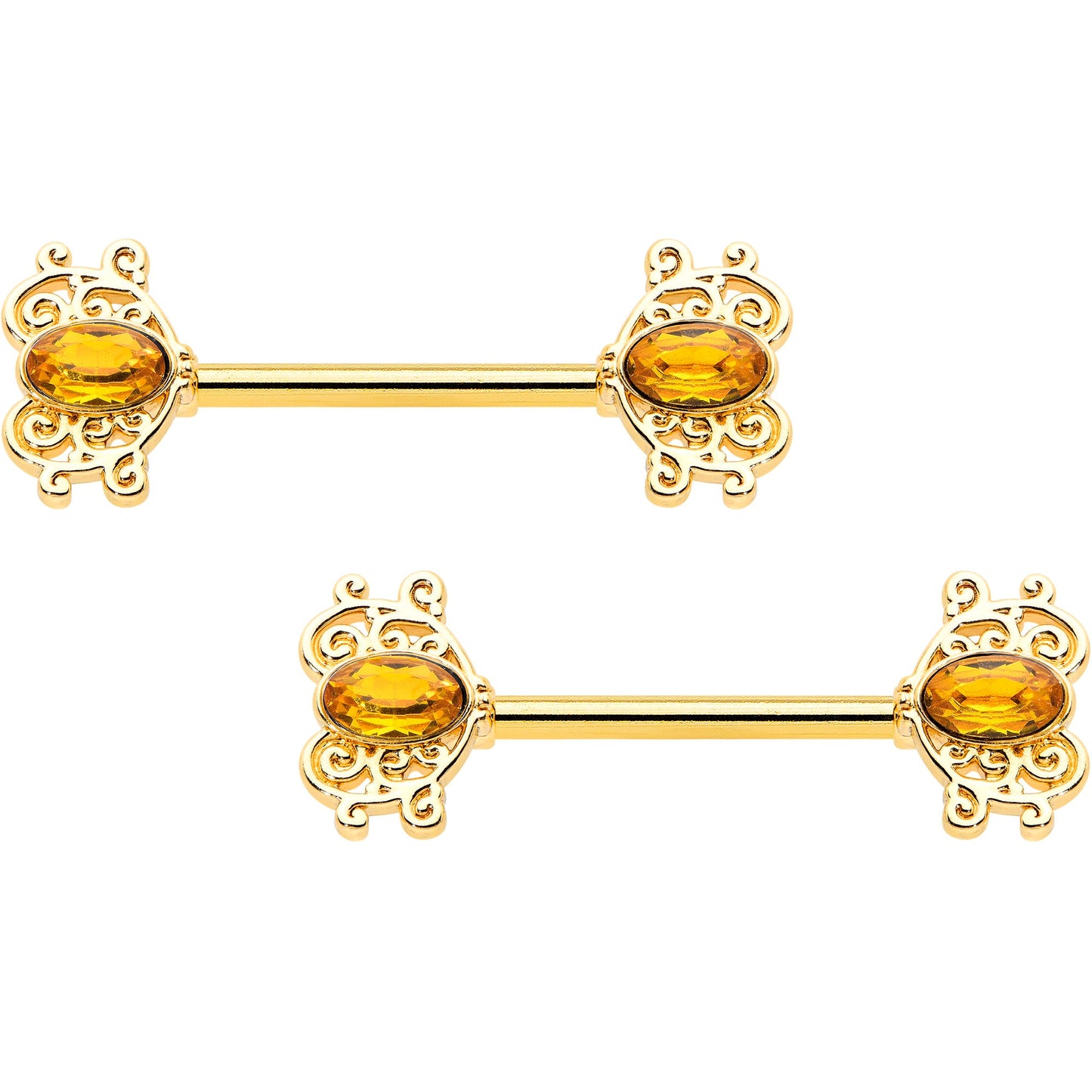 14G 9/16 Yellow Gem Gold Hue Duet Scroll Barbell Nipple Ring Set