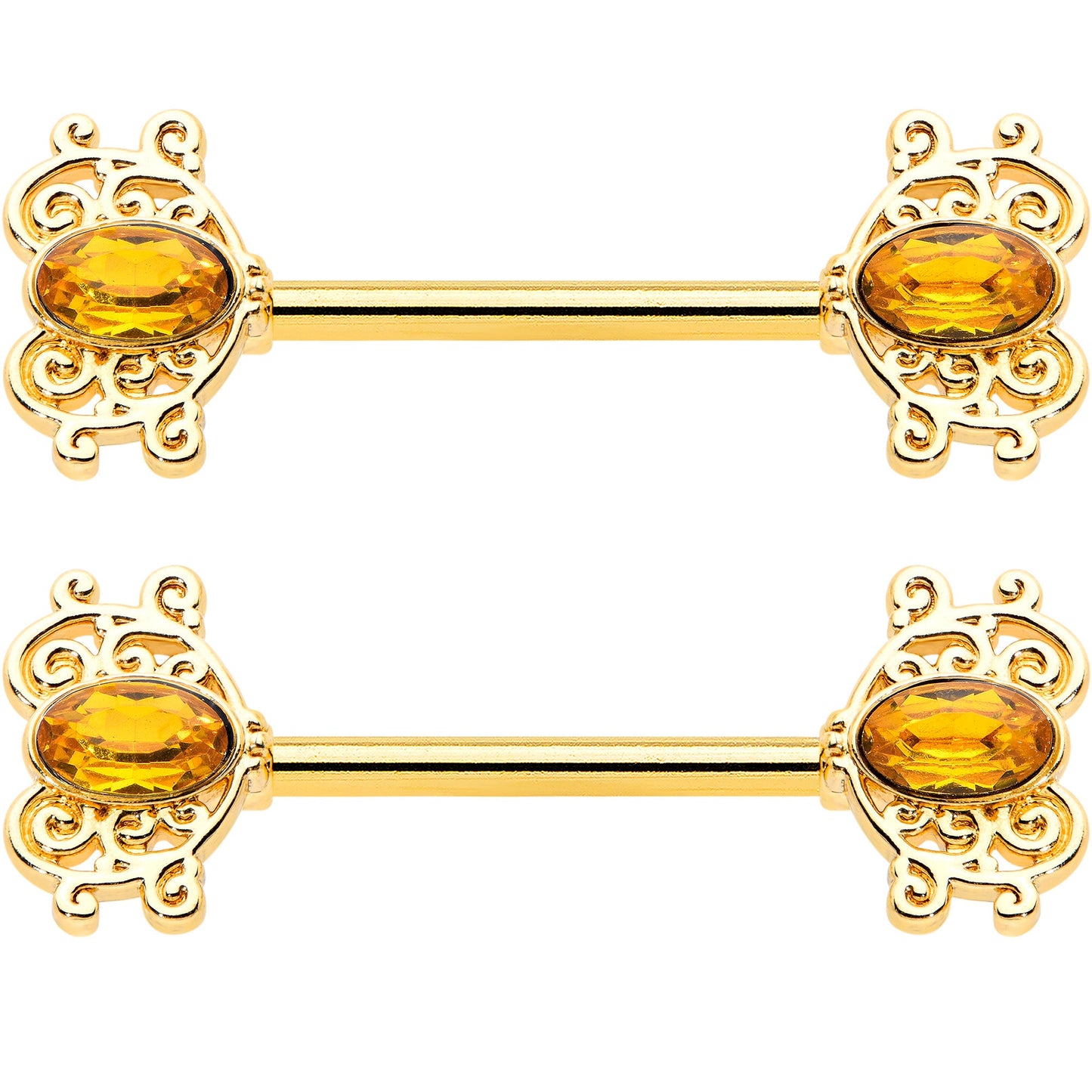 14G 9/16 Yellow Gem Gold Hue Duet Scroll Barbell Nipple Ring Set