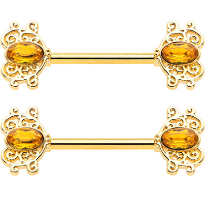 14G 9/16 Yellow Gem Gold Hue Duet Scroll Barbell Nipple Ring Set
