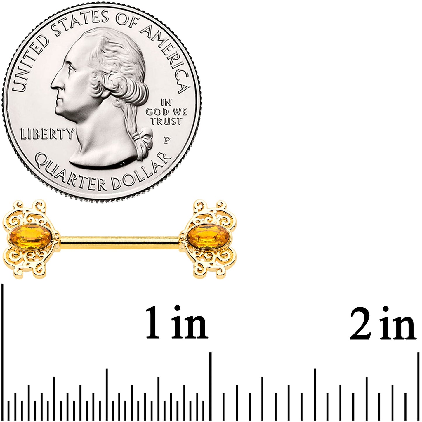 14G 9/16 Yellow Gem Gold Hue Duet Scroll Barbell Nipple Ring Set