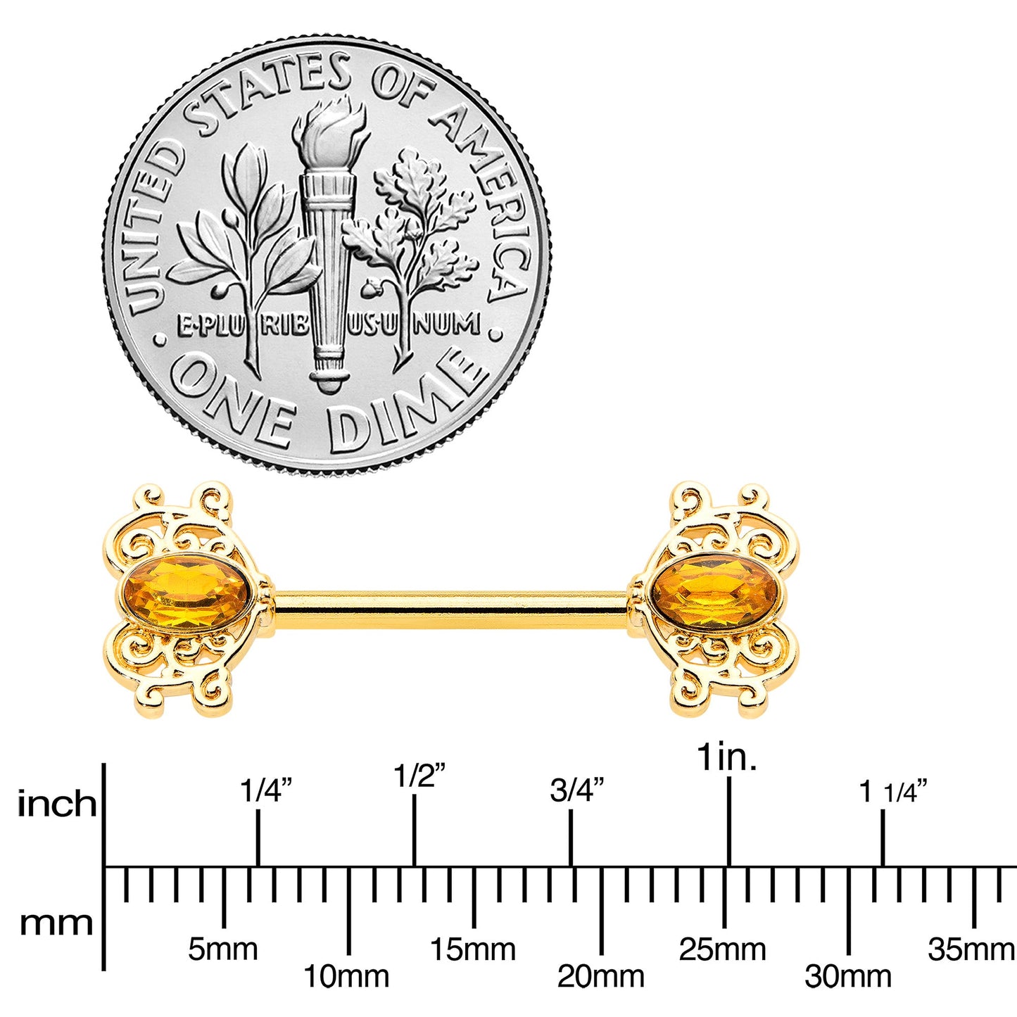 14G 9/16 Yellow Gem Gold Hue Duet Scroll Barbell Nipple Ring Set