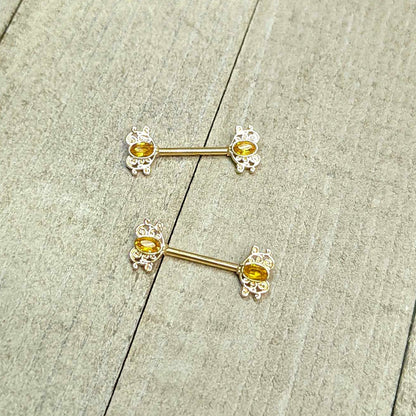 14G 9/16 Yellow Gem Gold Hue Duet Scroll Barbell Nipple Ring Set