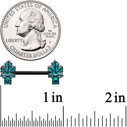 14G 1/2 Green Synthetic Opal Black Fall Leaf Nipple Ring Set