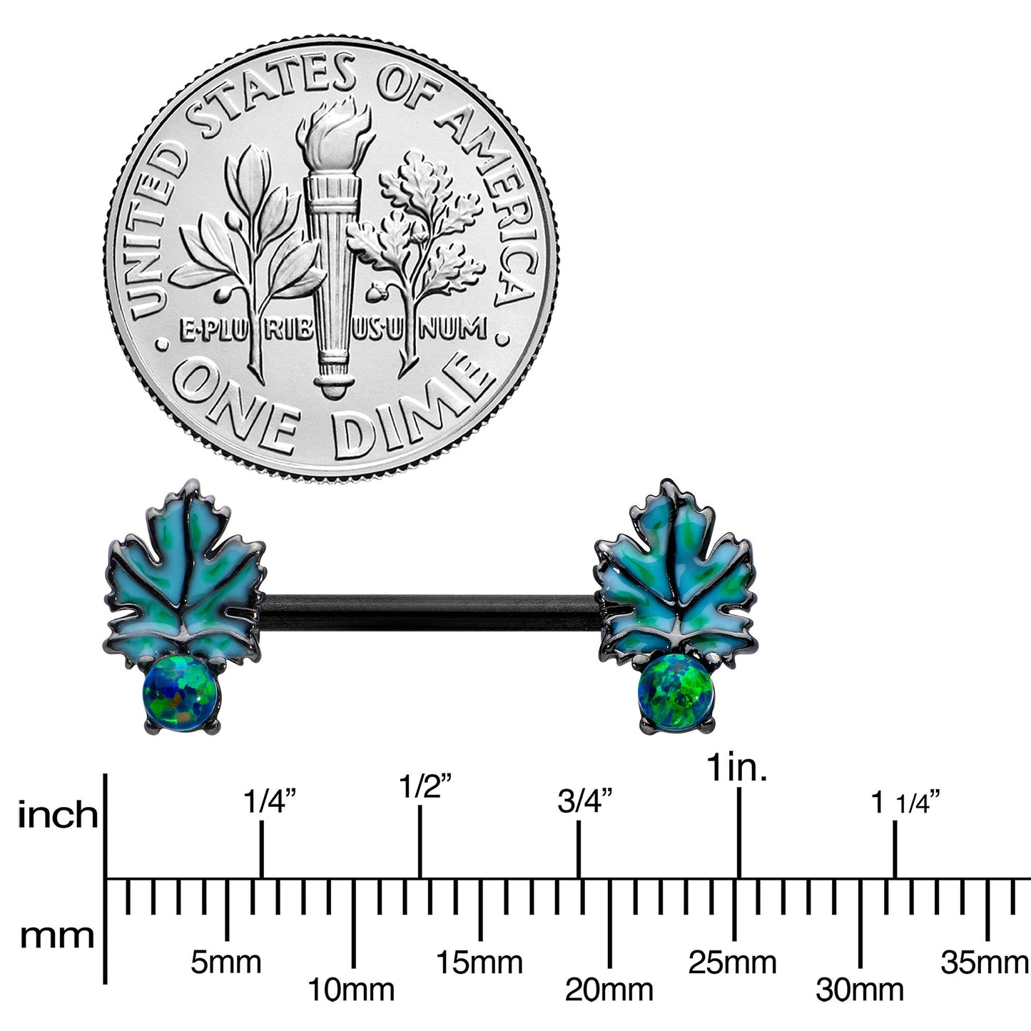14G 1/2 Green Synthetic Opal Black Fall Leaf Nipple Ring Set