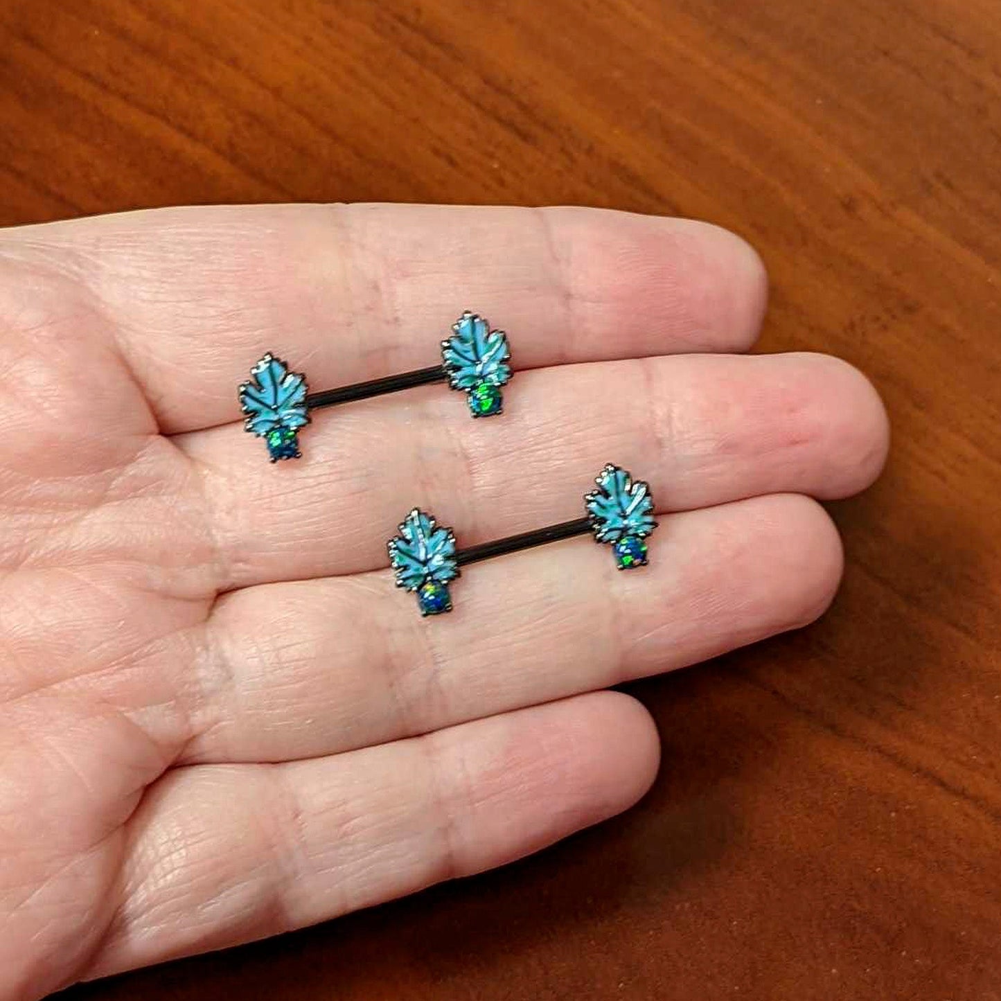 14G 1/2 Green Synthetic Opal Black Fall Leaf Nipple Ring Set