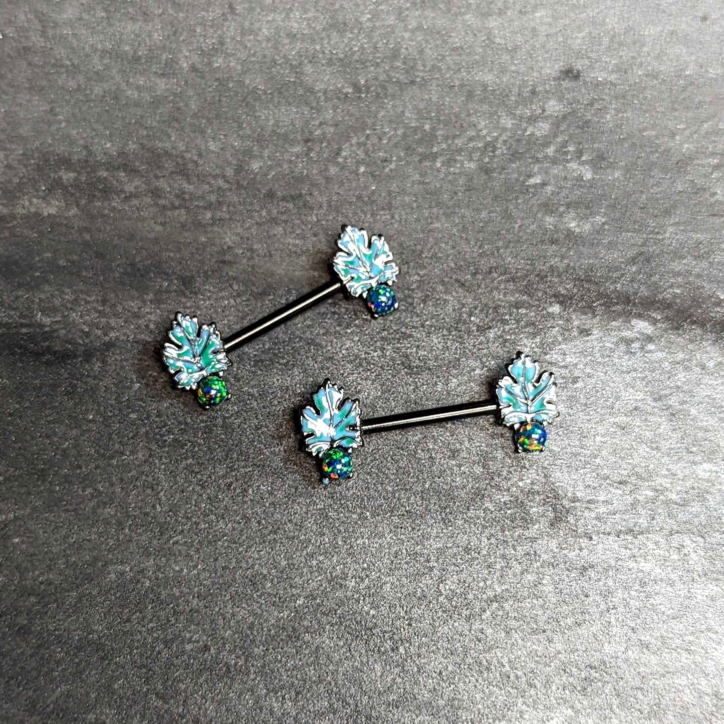 14G 1/2 Green Synthetic Opal Black Fall Leaf Nipple Ring Set
