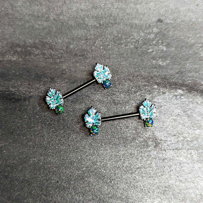 14G 1/2 Green Synthetic Opal Black Fall Leaf Nipple Ring Set