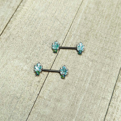 14G 1/2 Green Synthetic Opal Black Fall Leaf Nipple Ring Set