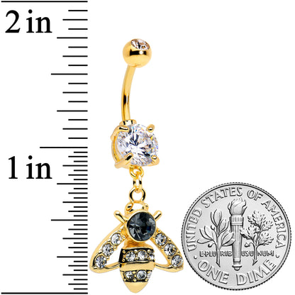 Clear Black Gem Gold Tone Angular Bee Dangle Belly Ring