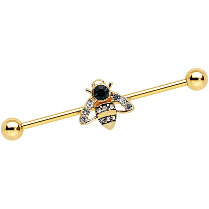 14G Clear Black Gem Gold Tone Angular Bee Industrial Barbell 38mm