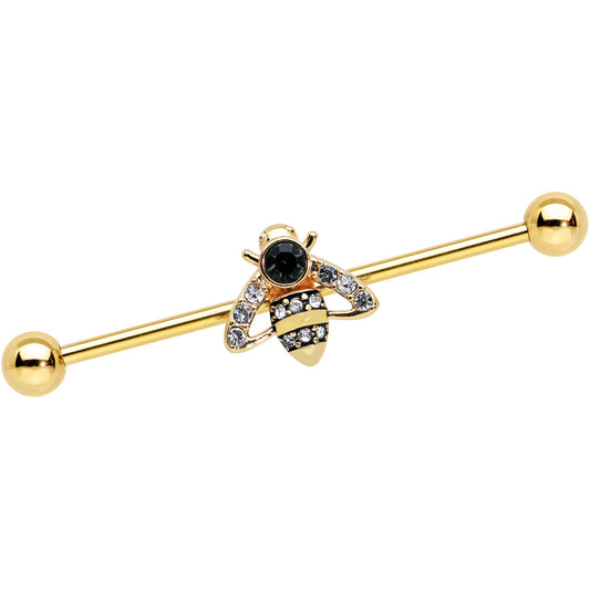 14G Clear Black Gem Gold Tone Angular Bee Industrial Barbell 38mm