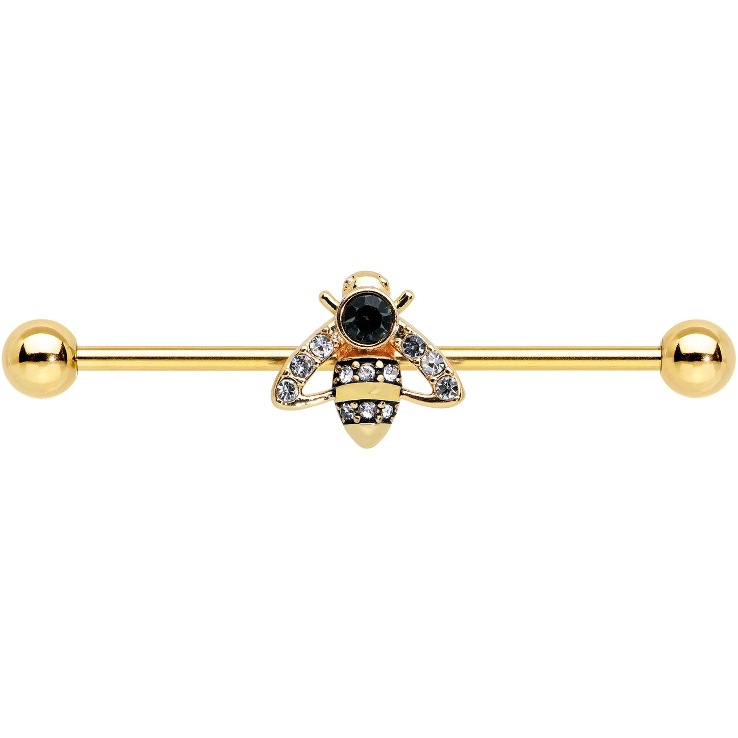 14G Clear Black Gem Gold Tone Angular Bee Industrial Barbell 38mm