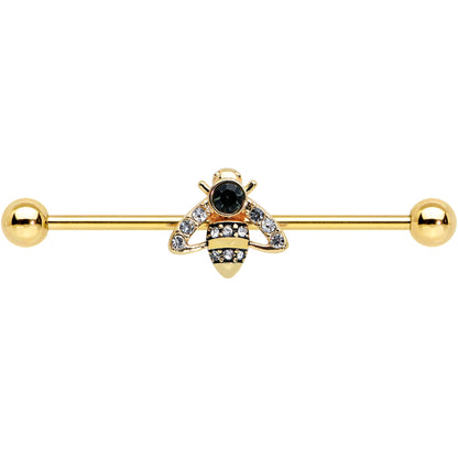 14G Clear Black Gem Gold Tone Angular Bee Industrial Barbell 38mm