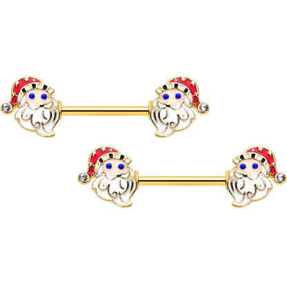14G 9/16 Clear Gem Gold Hue Happy Santa Christmas Nipple Ring Set